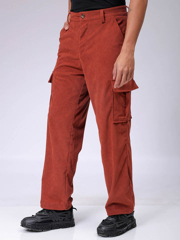 Men's Rust Baggy Textured Mid-Rise Cargos