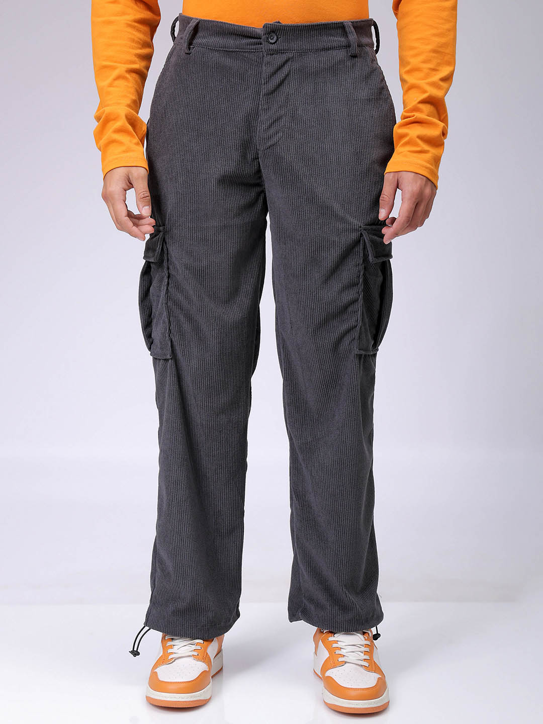 Men's Dark Grey Baggy Fit Textured Utility Cargo