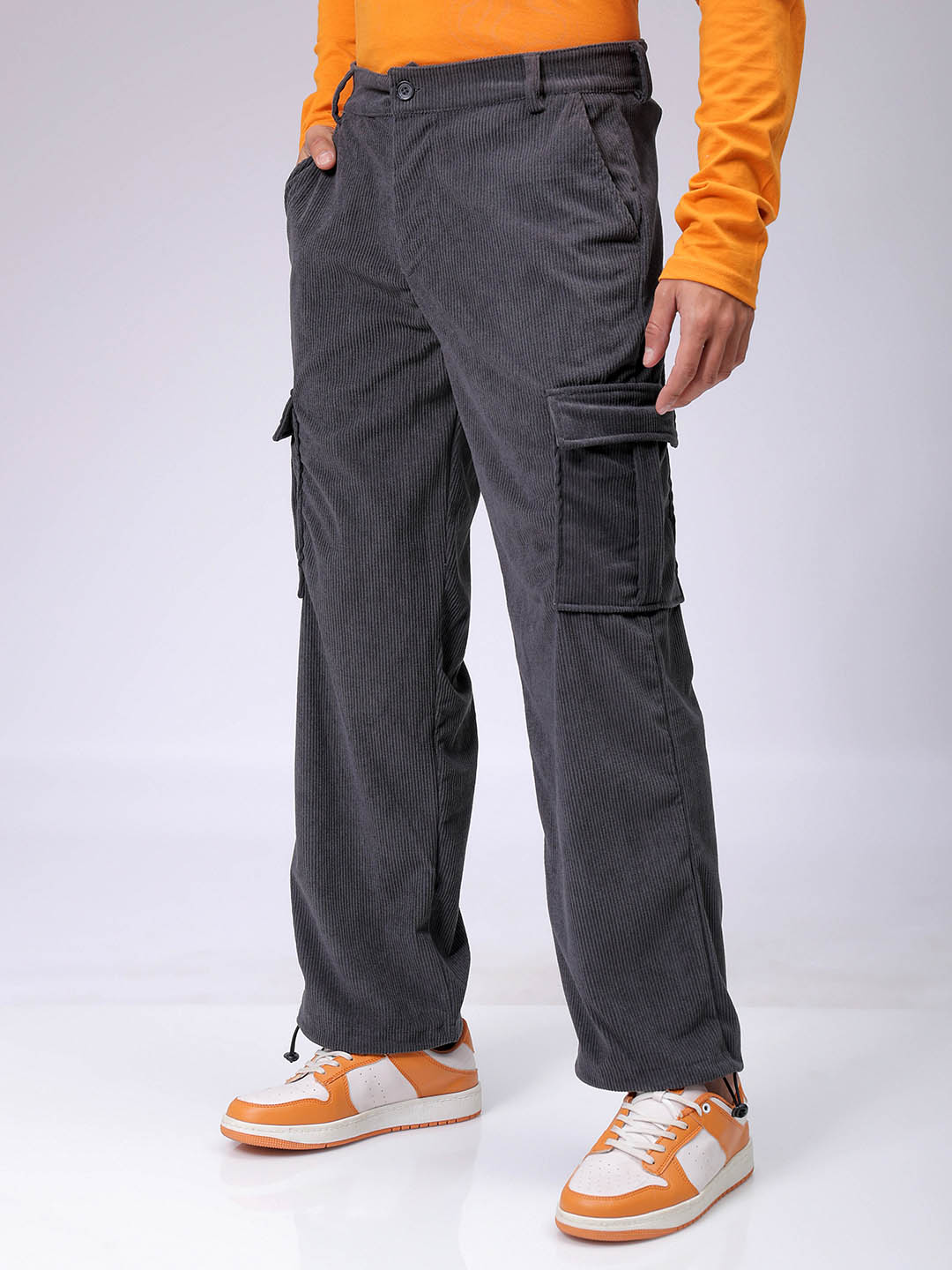 Men's Dark Grey Baggy Fit Textured Utility Cargo
