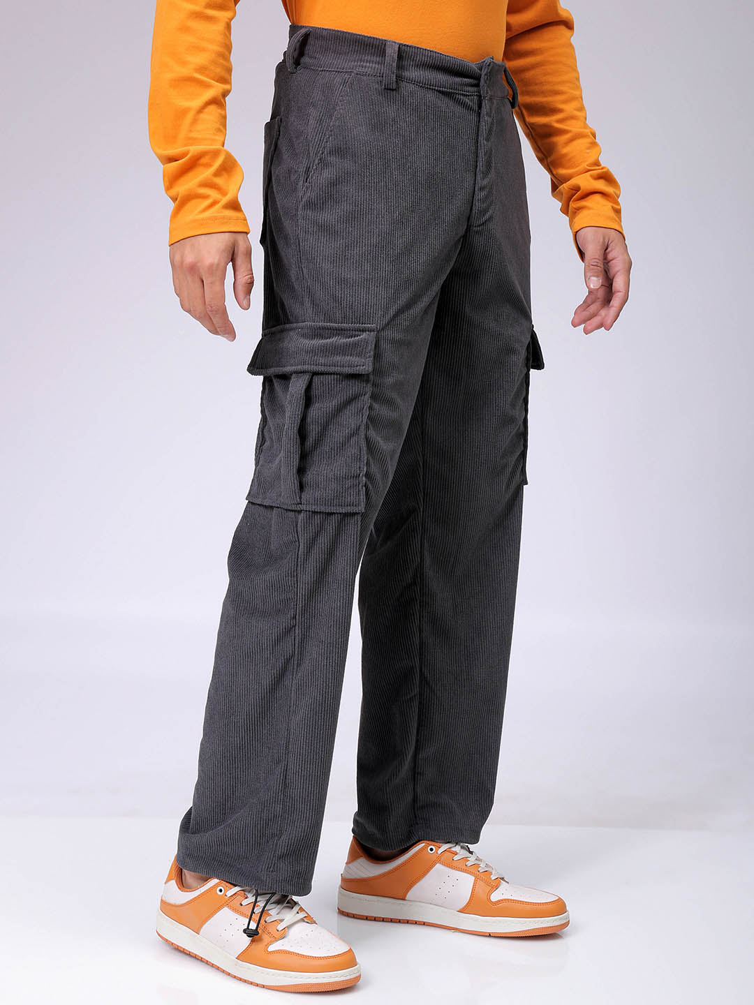 Men's Dark Grey Baggy Fit Textured Utility Cargo