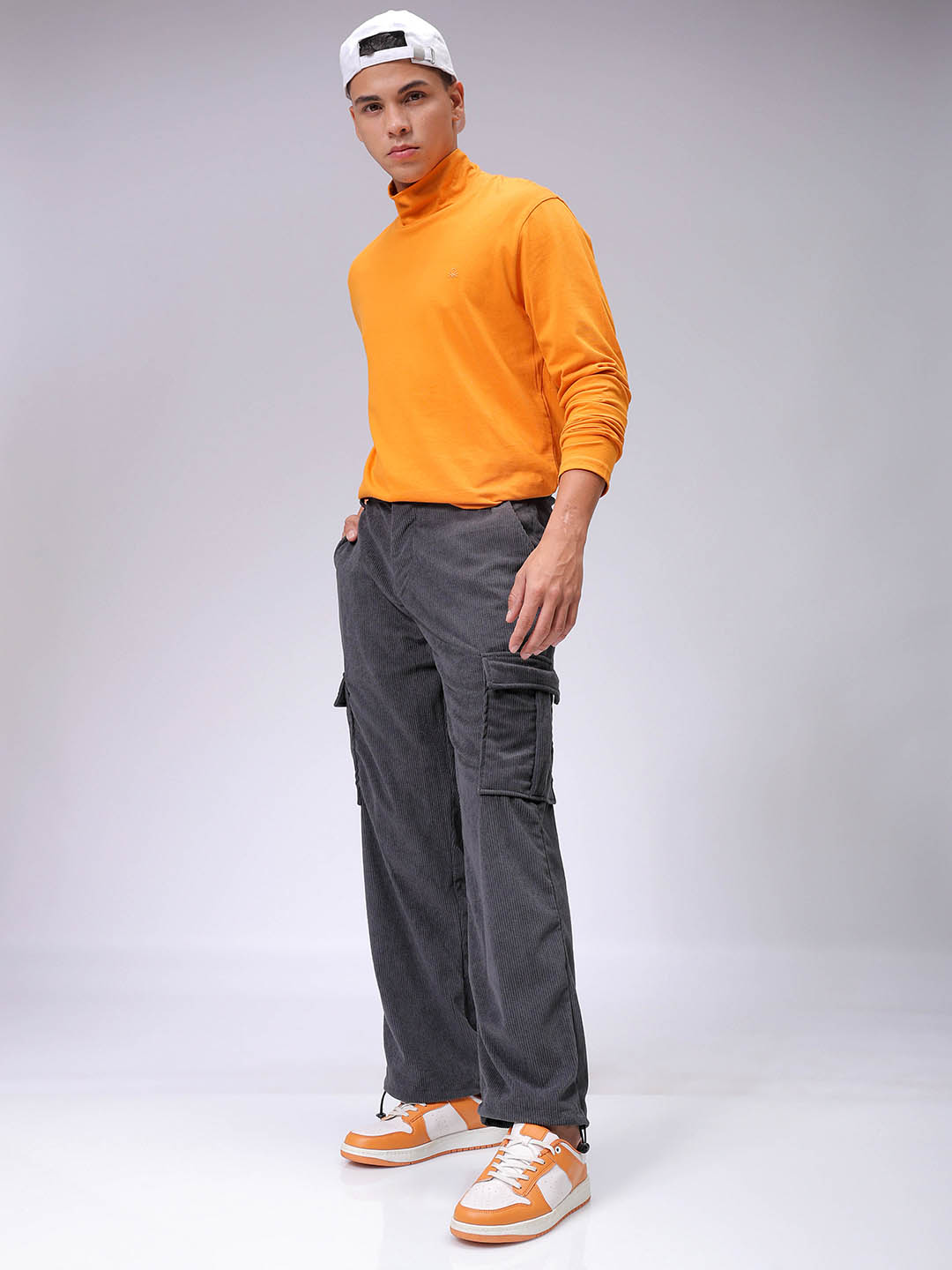 Men's Dark Grey Baggy Fit Textured Utility Cargo