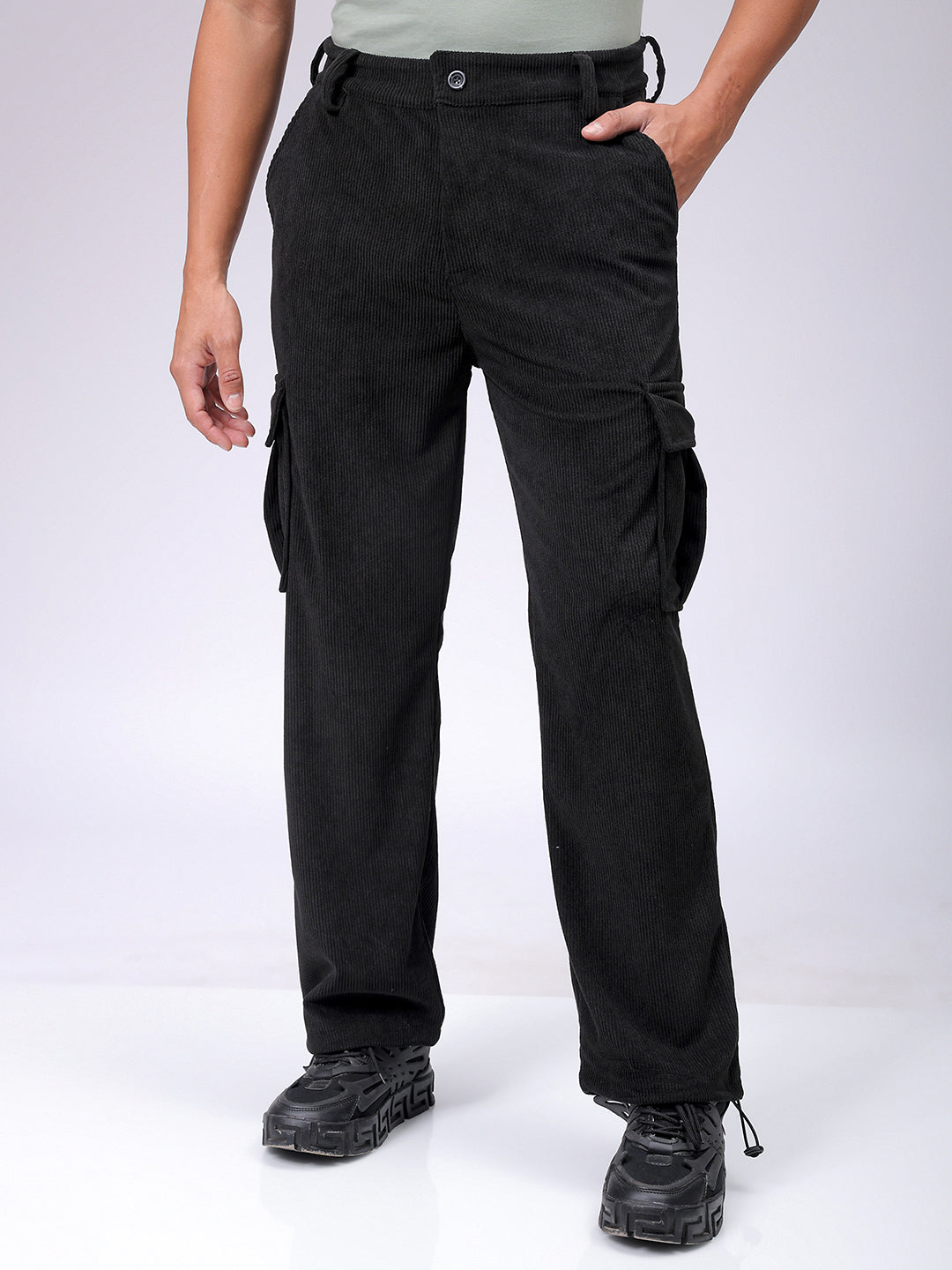 Men's Black Baggy Fit Textured Streetwear Cargo