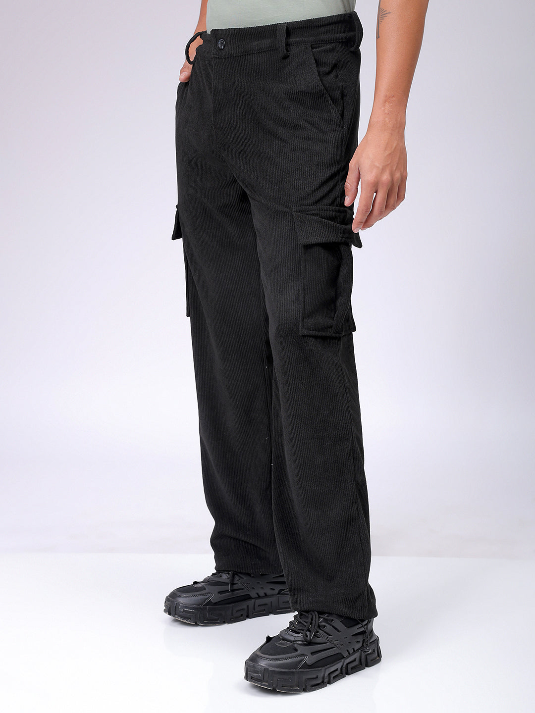 Men's Black Baggy Fit Textured Streetwear Cargo