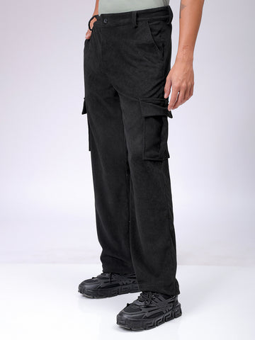 Men's Black Baggy Textured Mid-Rise Cargos