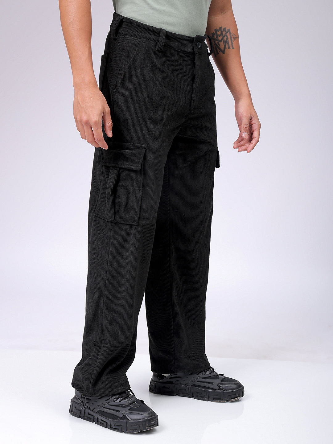 Men's Black Baggy Fit Textured Streetwear Cargo