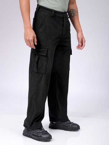 Men's Black Baggy Textured Mid-Rise Cargos