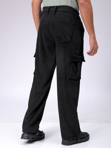 Men's Black Baggy Textured Mid-Rise Cargos