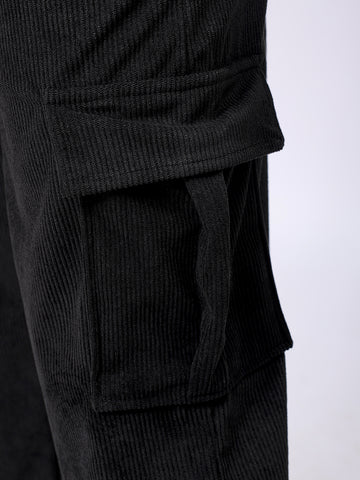 Men's Black Baggy Textured Mid-Rise Cargos