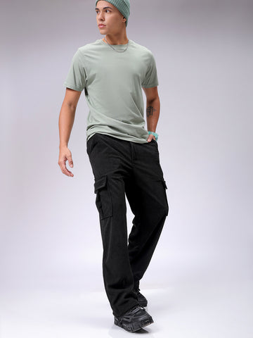 Men's Black Baggy Textured Mid-Rise Cargos