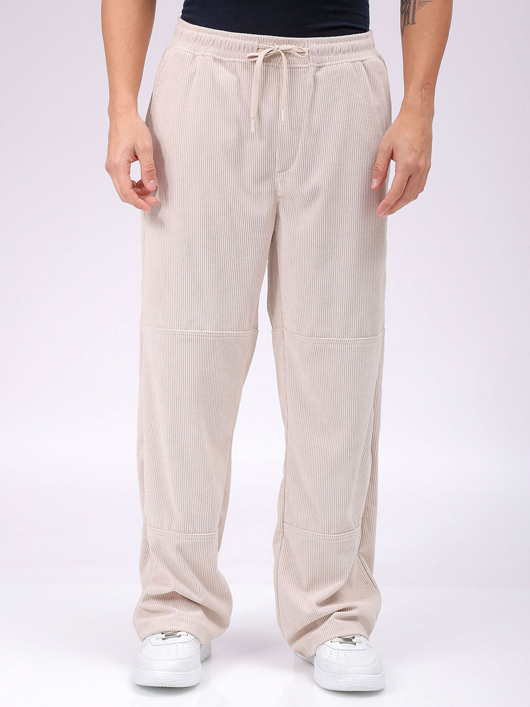 Men's White Relaxed Fit Knitted Corduroy Jogger Trousers