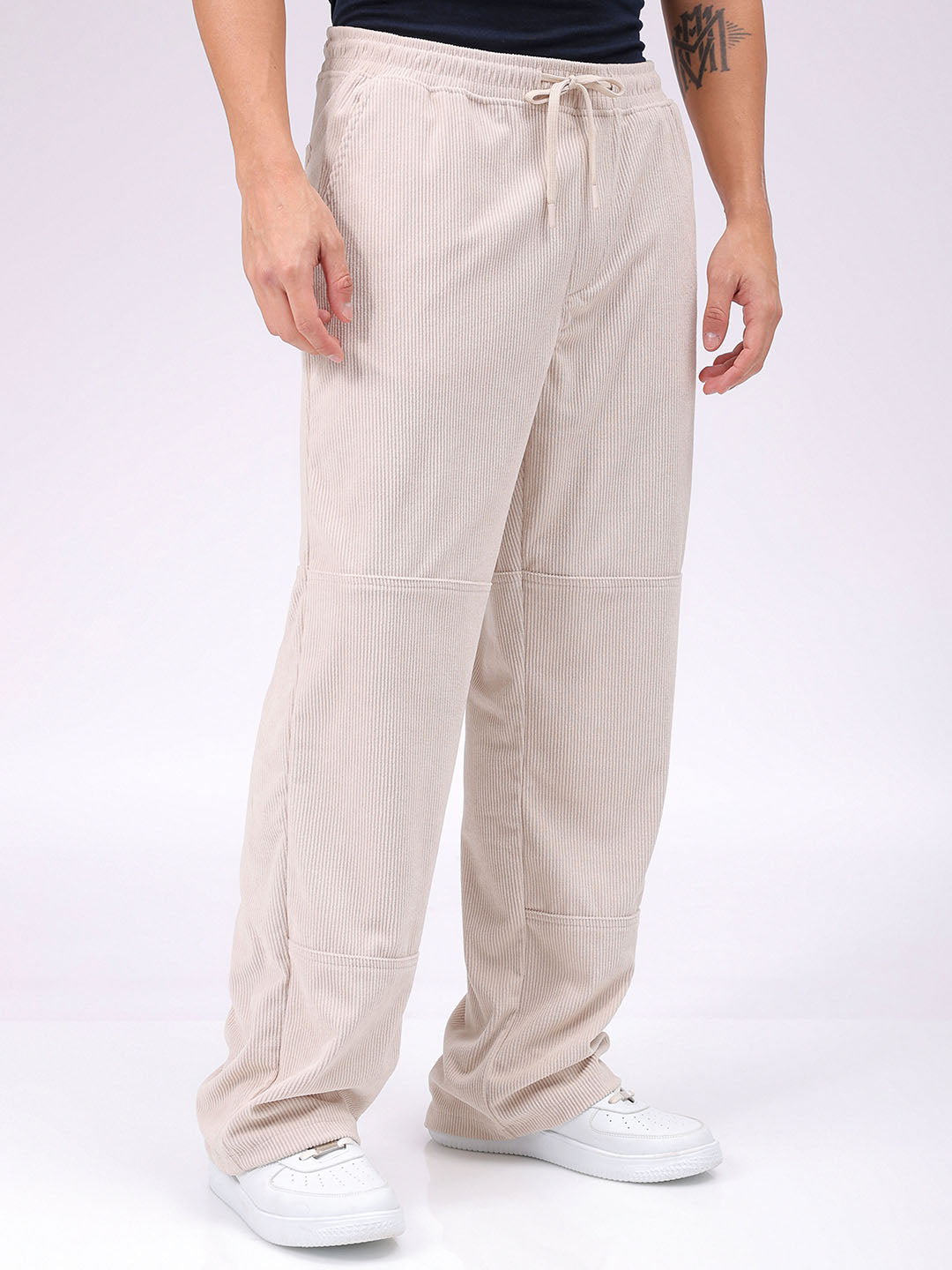 Men's White Relaxed Fit Knitted Corduroy Jogger Trousers