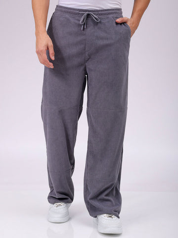 Men's Grey Relaxed Fit Knitted Corduroy Jogger Trousers