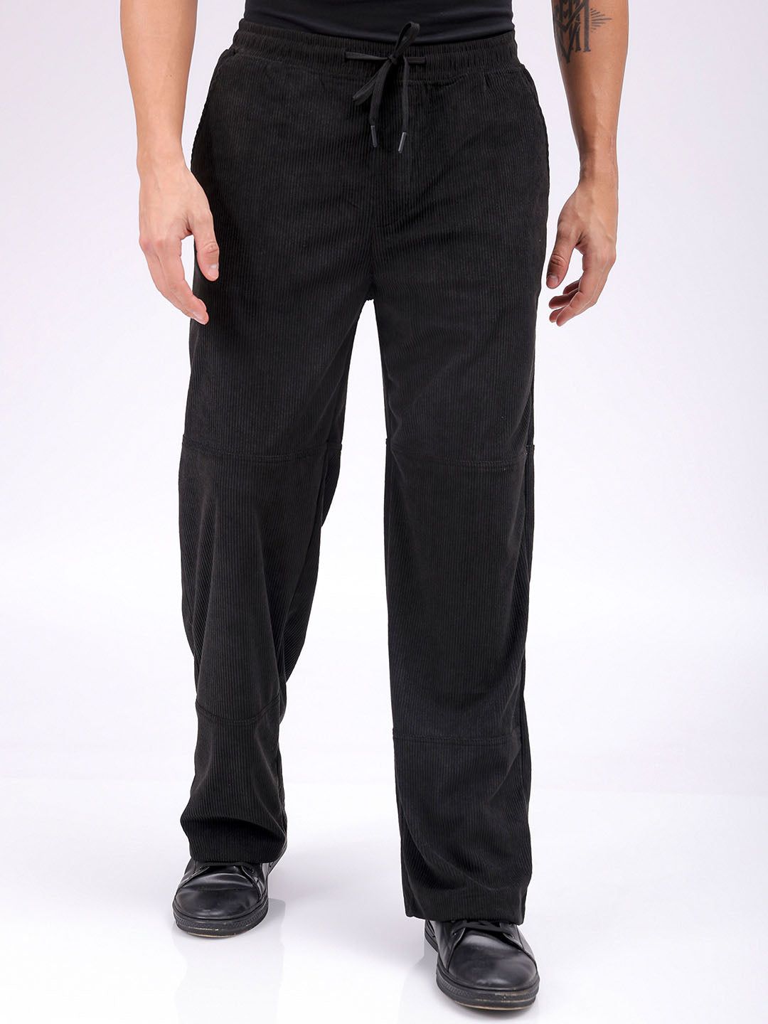 Men's Black Relaxed Fit Knitted Corduroy Jogger Trousers