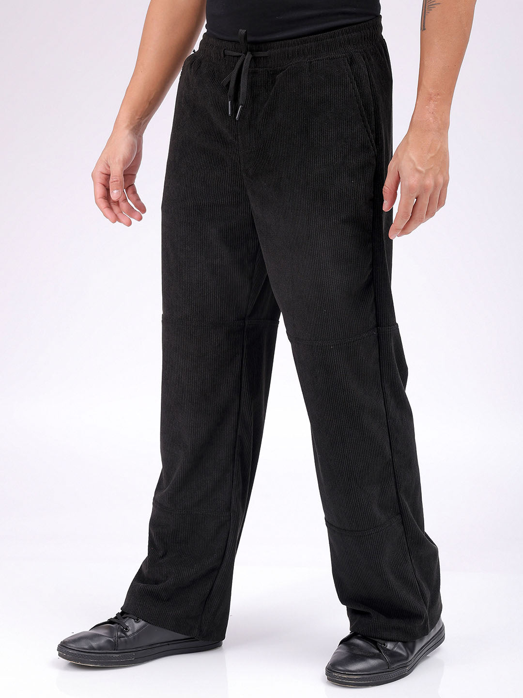 Men's Black Relaxed Fit Knitted Corduroy Jogger Trousers