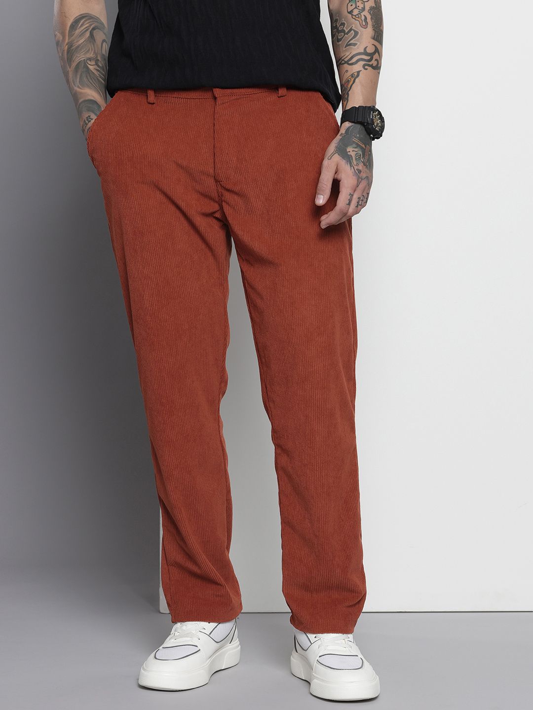 Men's Rust Regular Fit Textured Casual Trouser