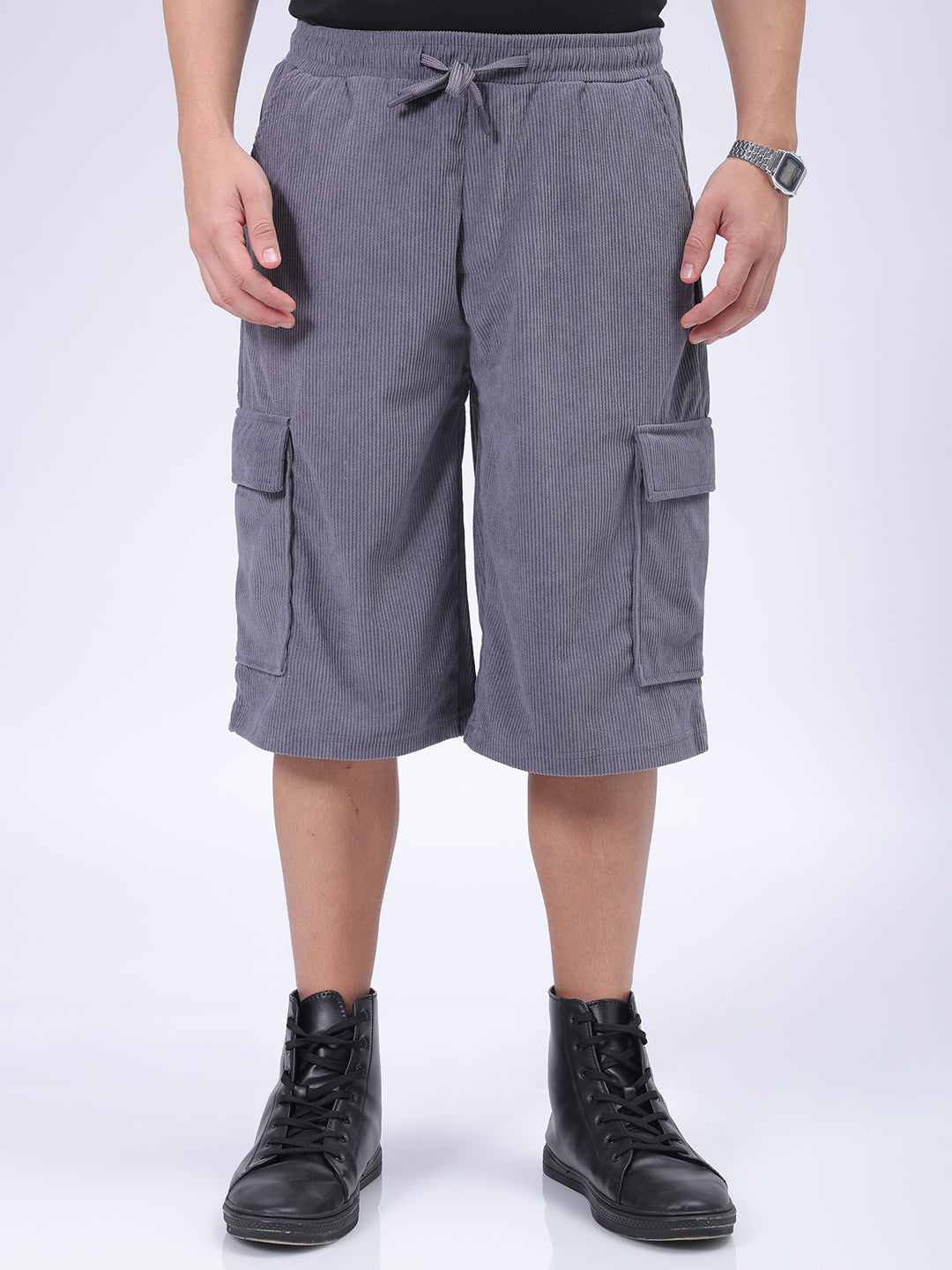 Men's Grey Loose Textured Utility Cargo Shorts