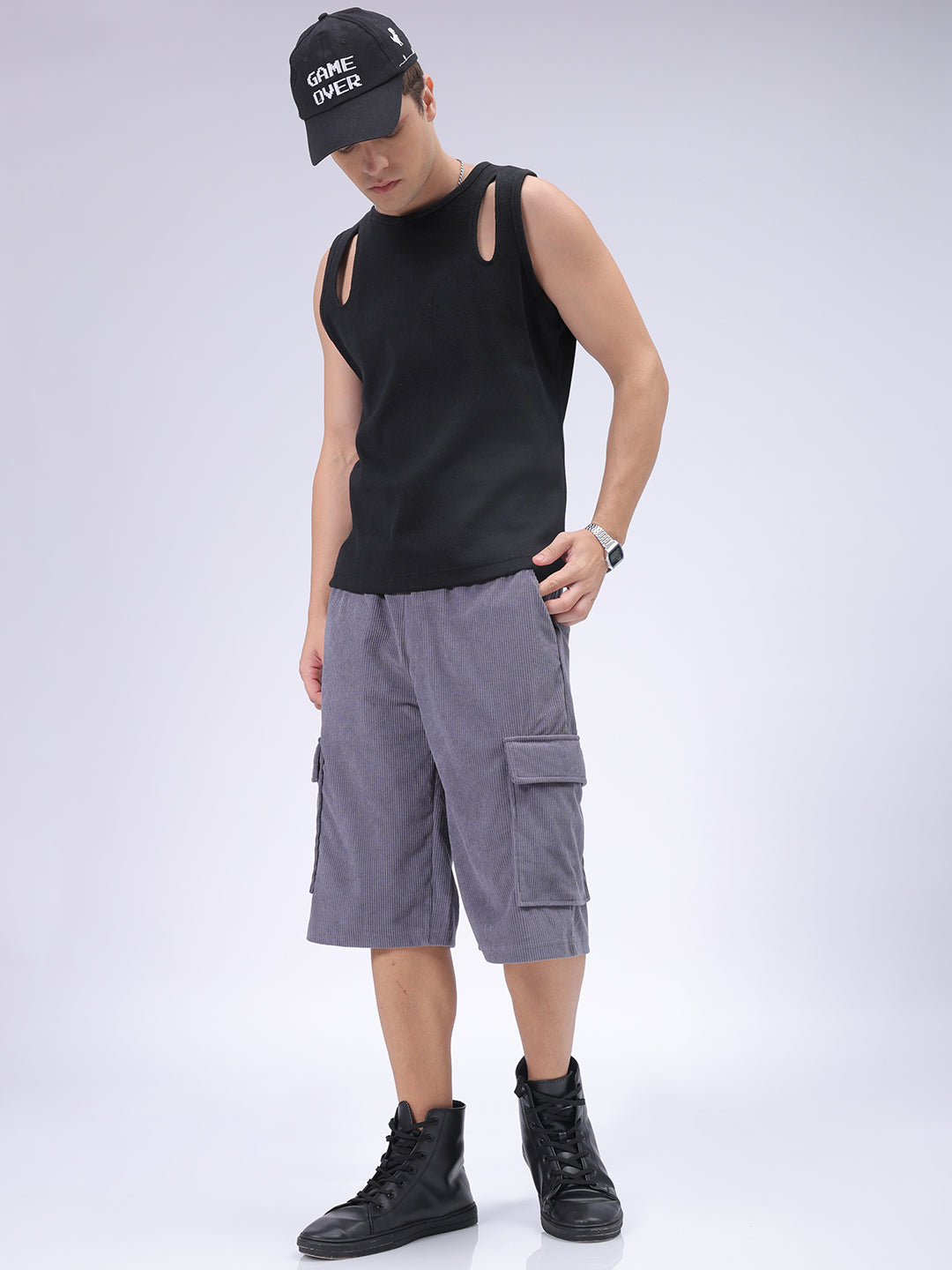 Men's Grey Loose Textured Utility Cargo Shorts