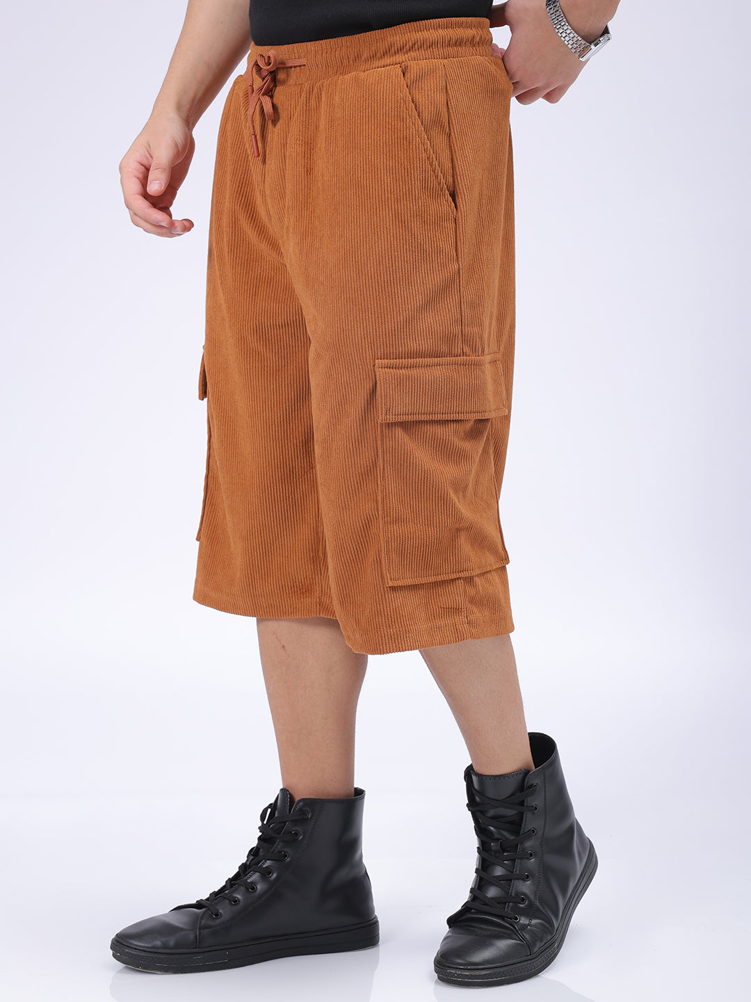 Men's Brown Loose Textured Utility Cargo Shorts