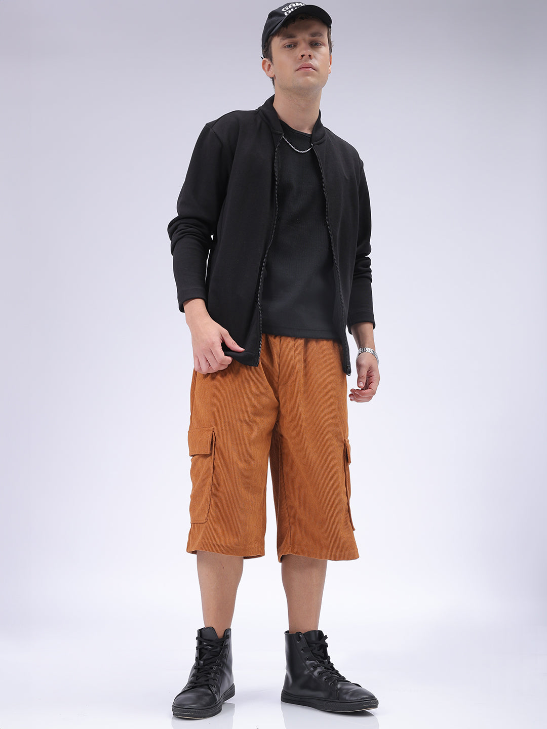 Men's Brown Loose Textured Utility Cargo Shorts