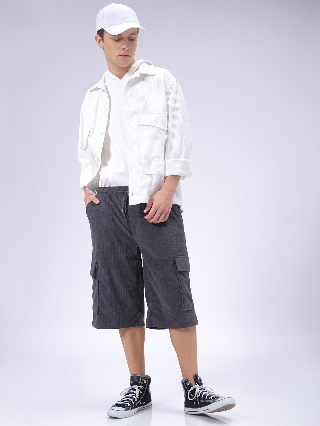 Men's Grey Loose Textured Utility Cargo Shorts