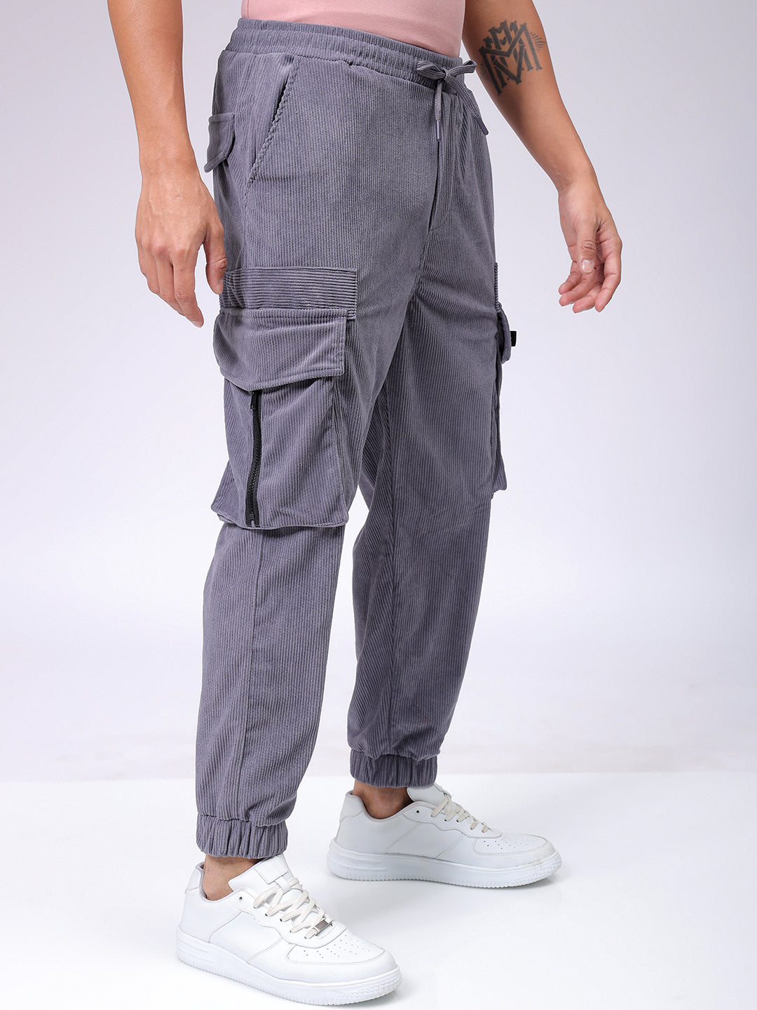 Men's Steel grey Loose Fit Textured Utility Jogger