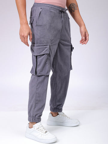 Men's Grey Loose Fit Textured Streetwear Jogger Trouser
