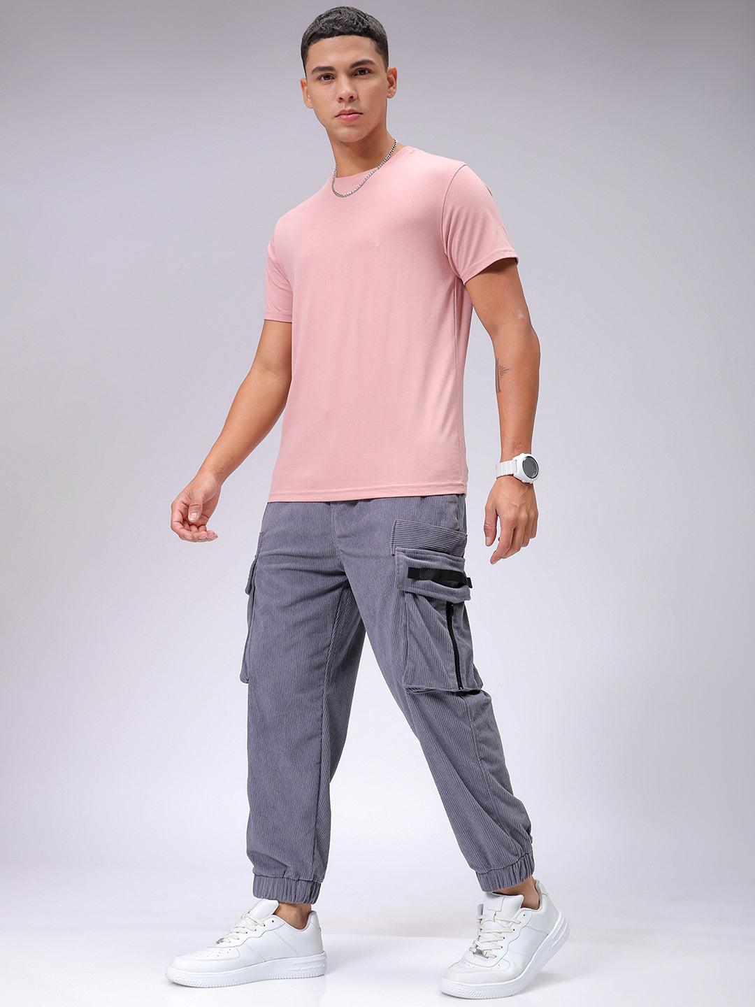 Men's Steel grey Loose Fit Textured Utility Jogger