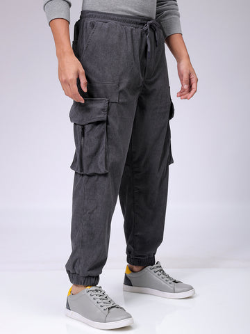 Men's Grey Loose Fit Textured Streetwear Jogger Trouser