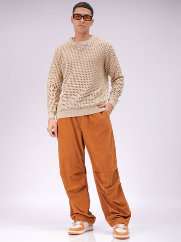 Men's Tan Baggy Fit Textured Athletic  Jogger