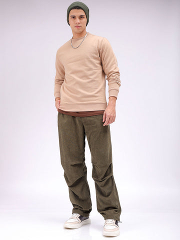 Men's Dark Olive Baggy Fit Textured Athletic  Jogger