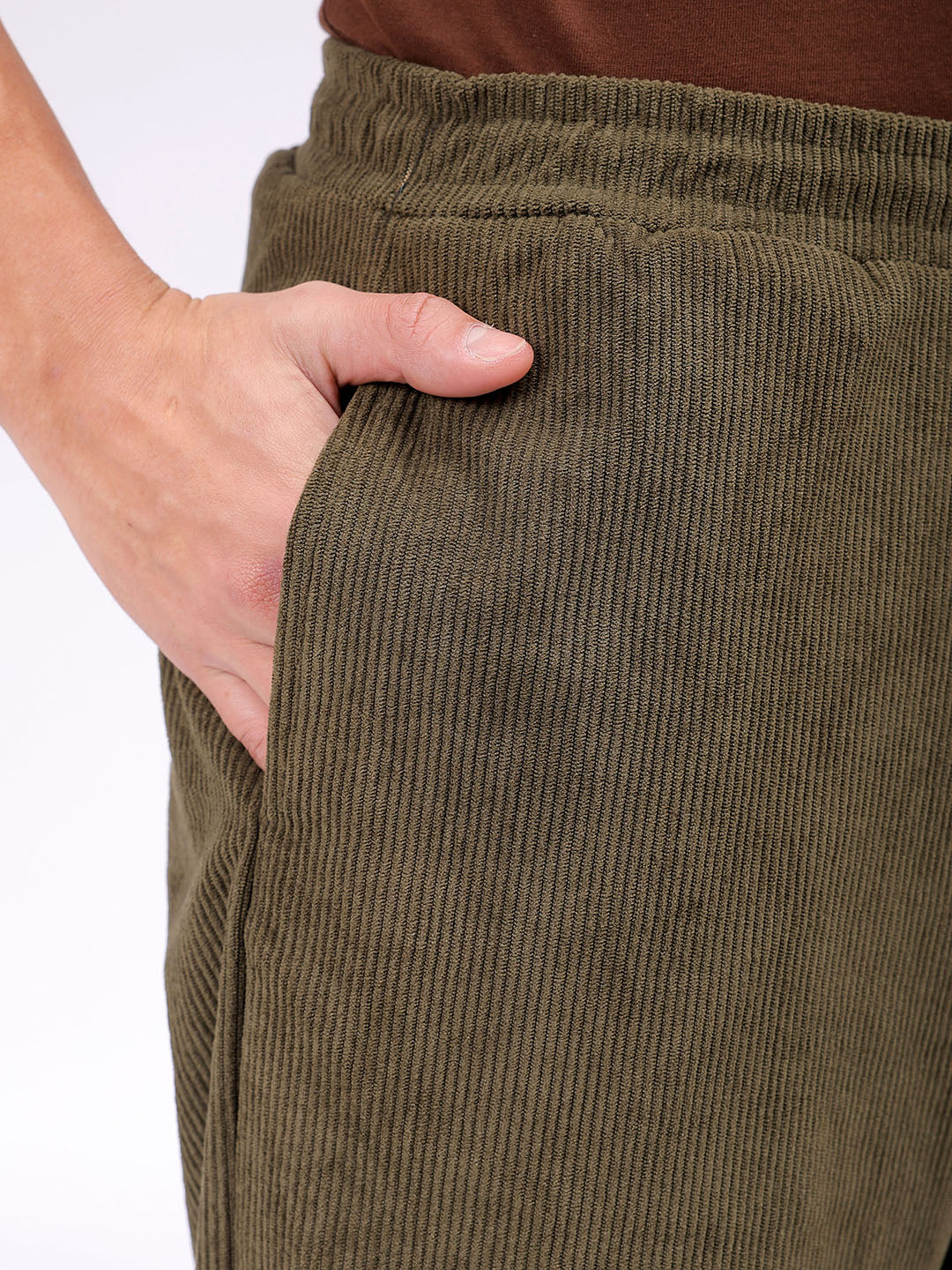 Men's Olive Baggy Tapered Fit Knitted Corduroy Jogger Trousers