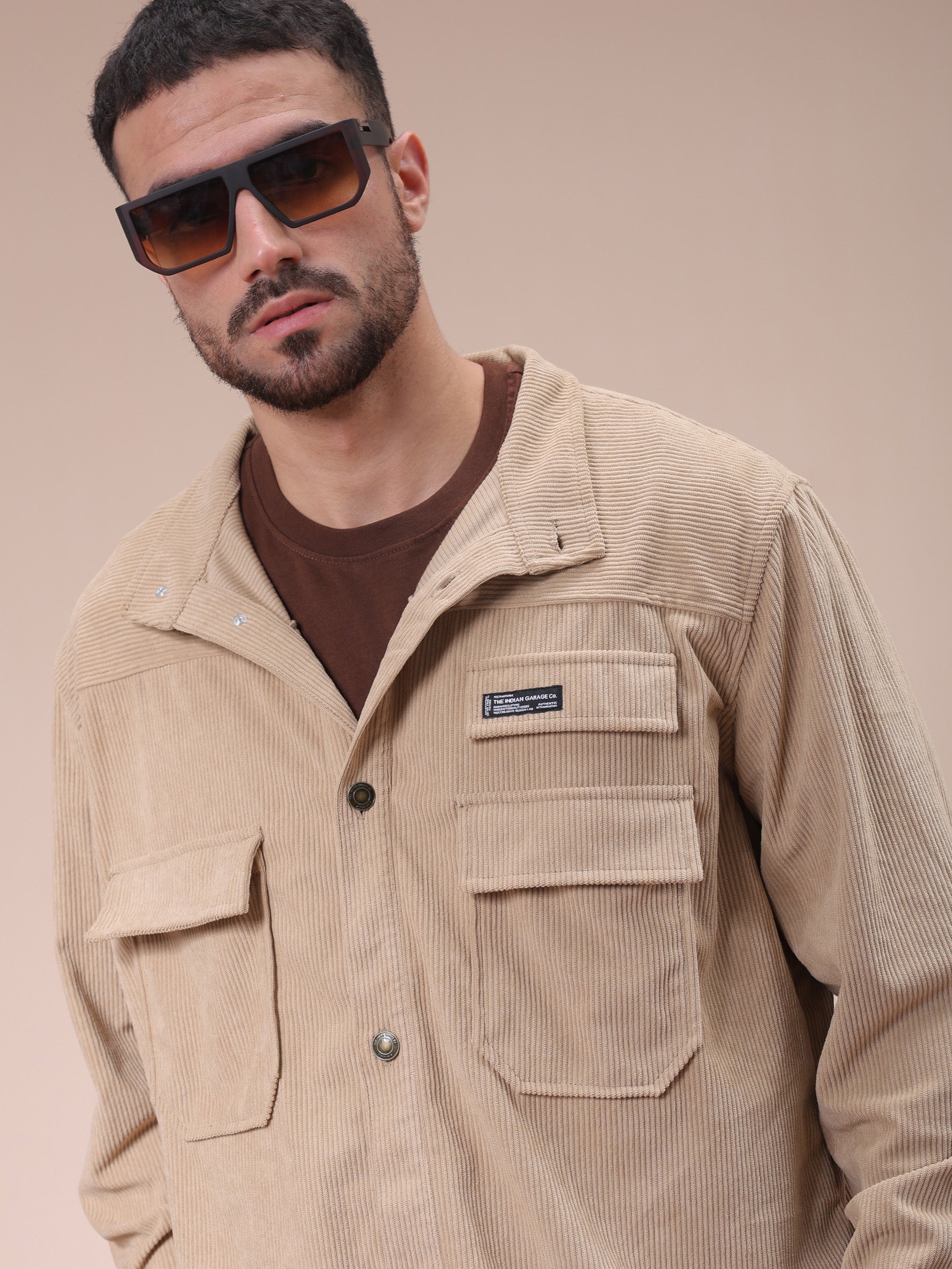 Men's Khaki Relaxed Fit Knitted Corduroy Utility Jacket