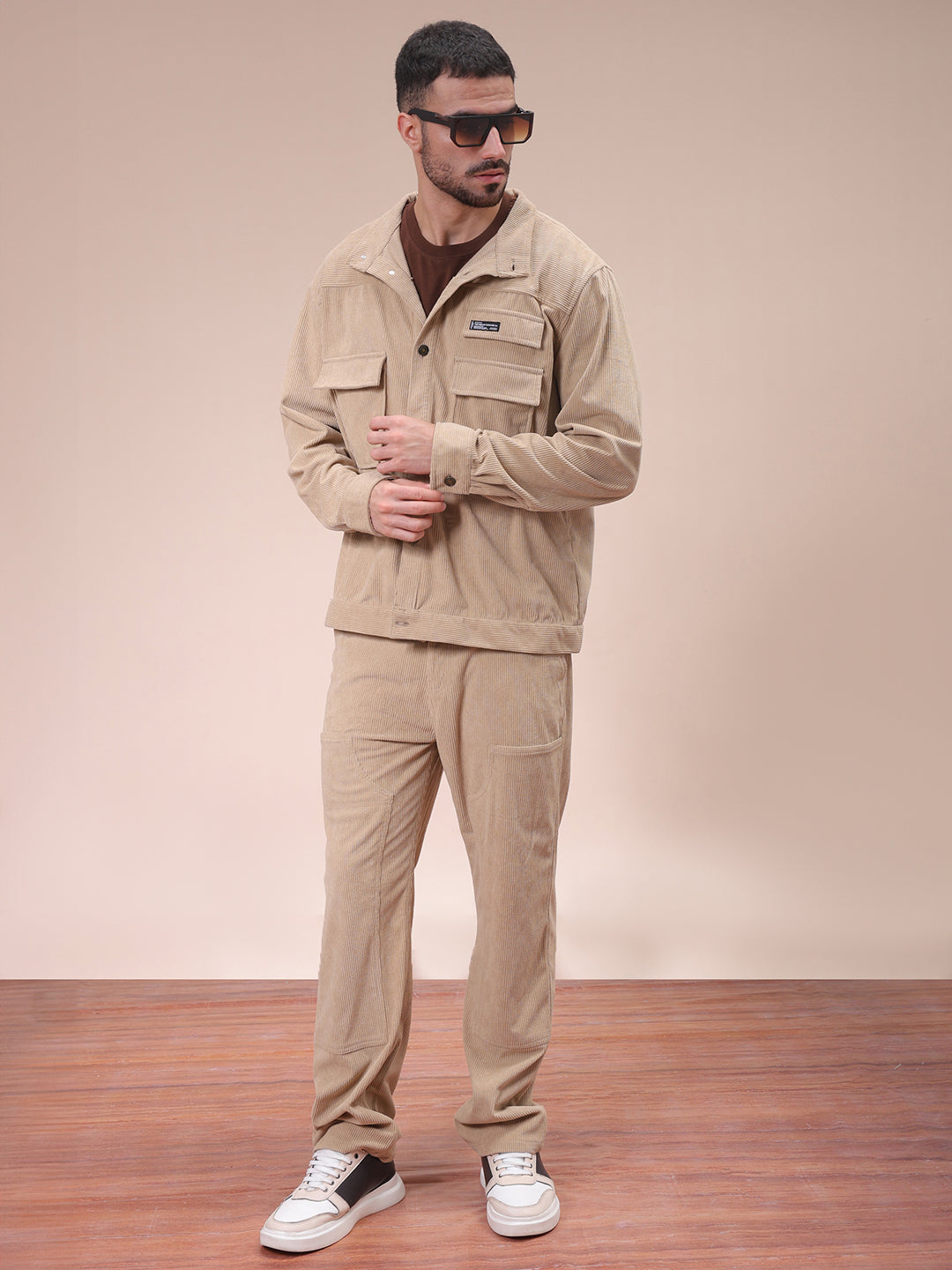 Men's Khaki Relaxed Fit Knitted Corduroy Utility Jacket