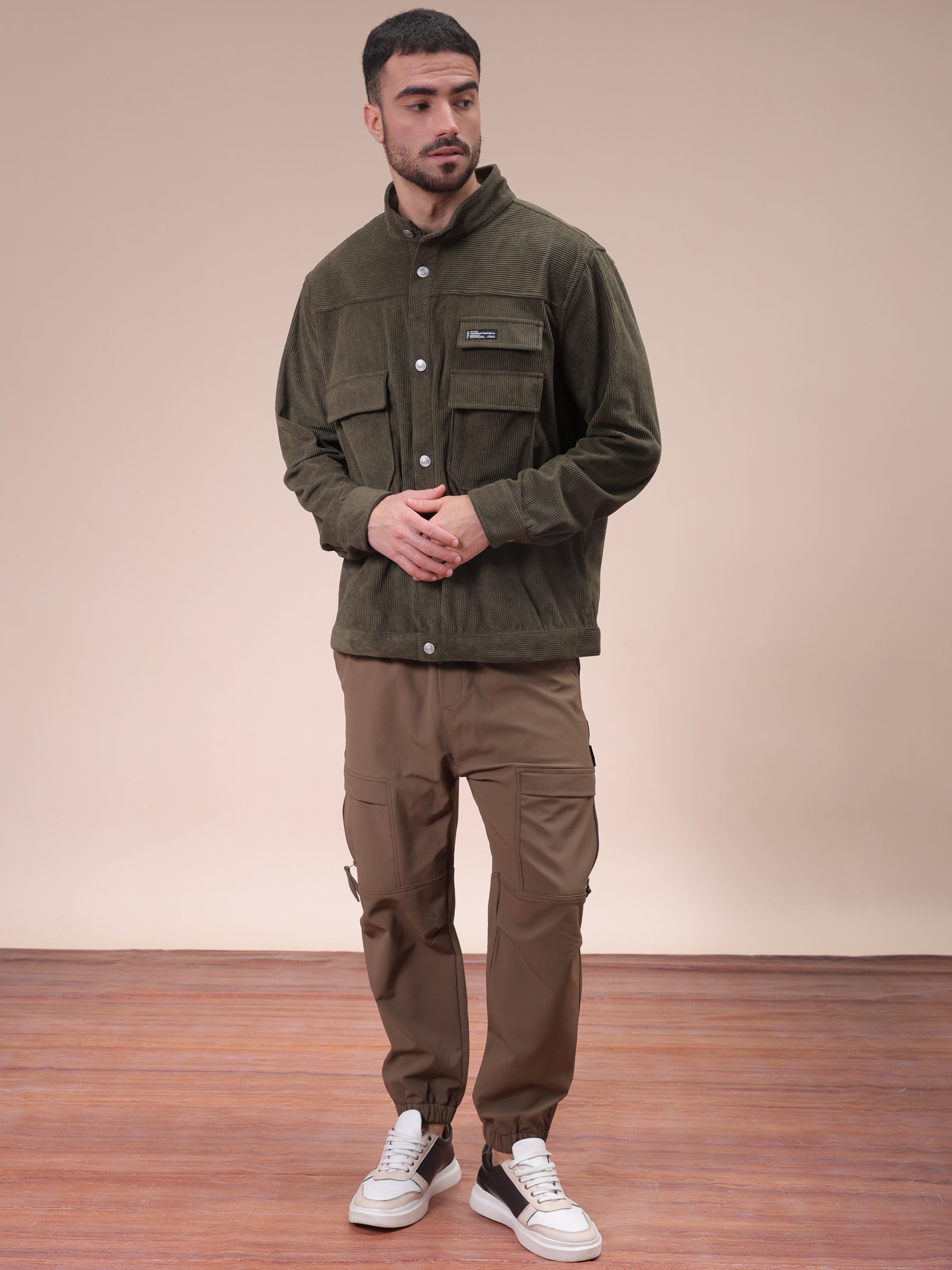 Men's Olive Relaxed Fit Knitted Corduroy Utility Jacket