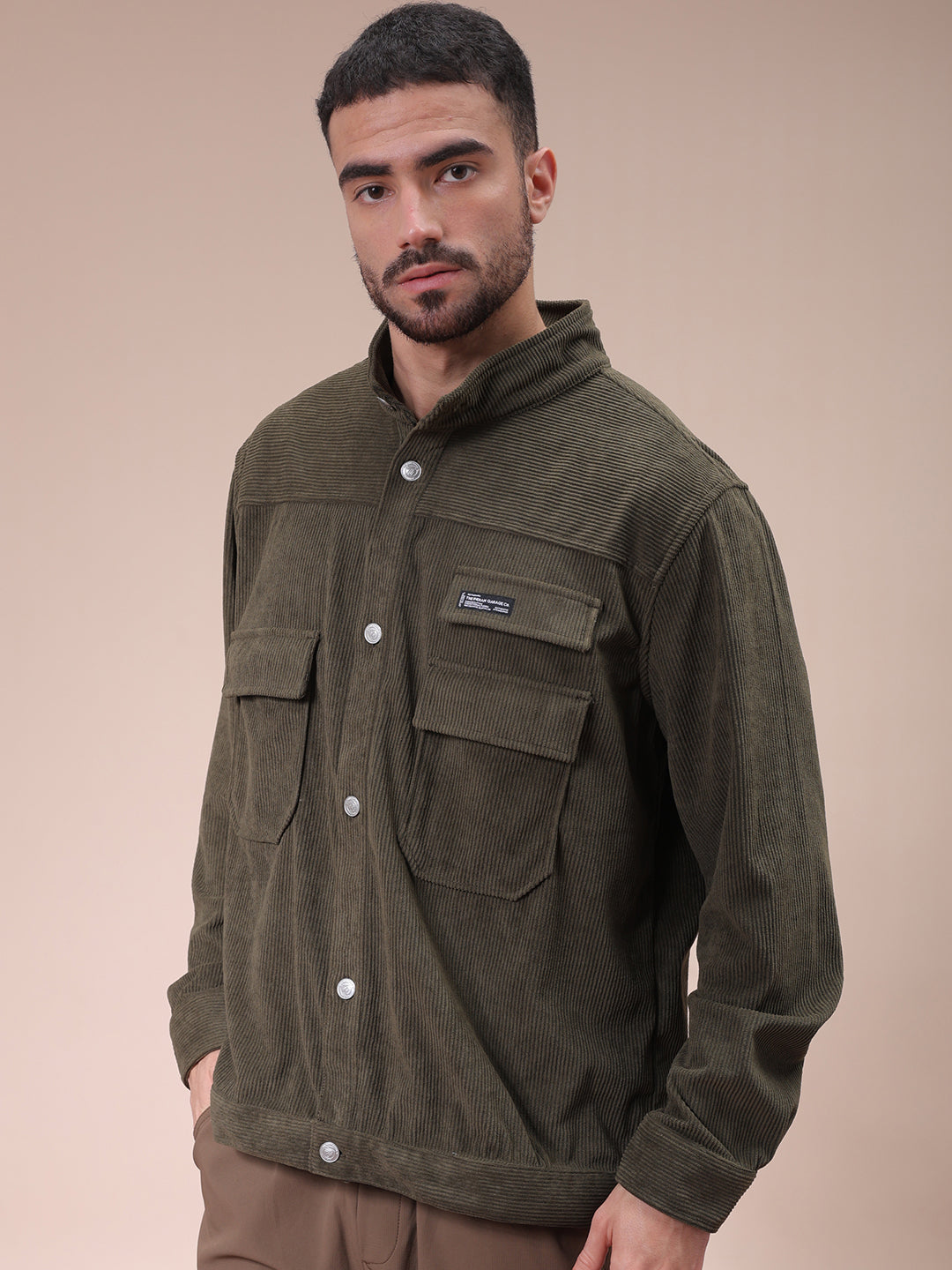 Men's Olive Relaxed Fit Knitted Corduroy Utility Jacket