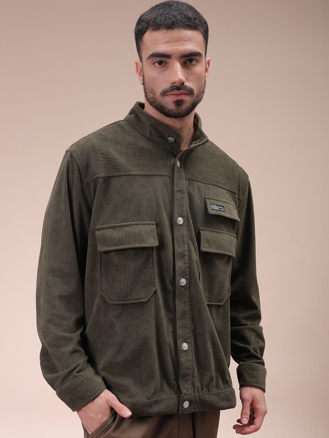 Men's Olive Relaxed Fit Knitted Corduroy Utility Jacket