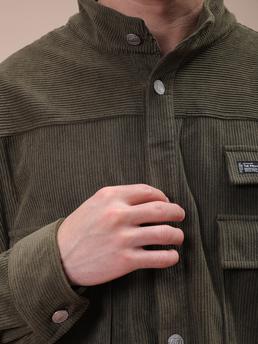 Men's Olive Relaxed Fit Knitted Corduroy Utility Jacket