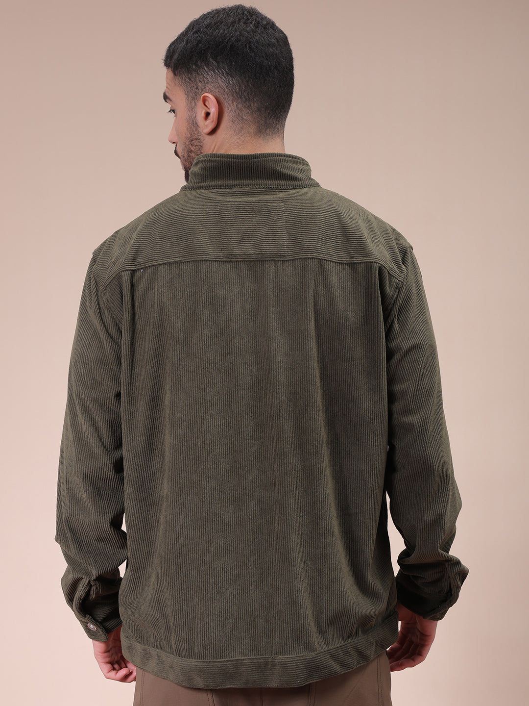 Men's Olive Relaxed Fit Knitted Corduroy Utility Jacket