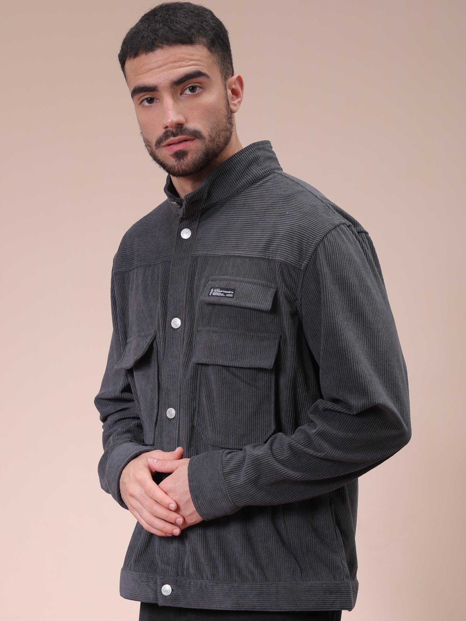 Men's Grey Relaxed Fit Knitted Corduroy Utility Jacket