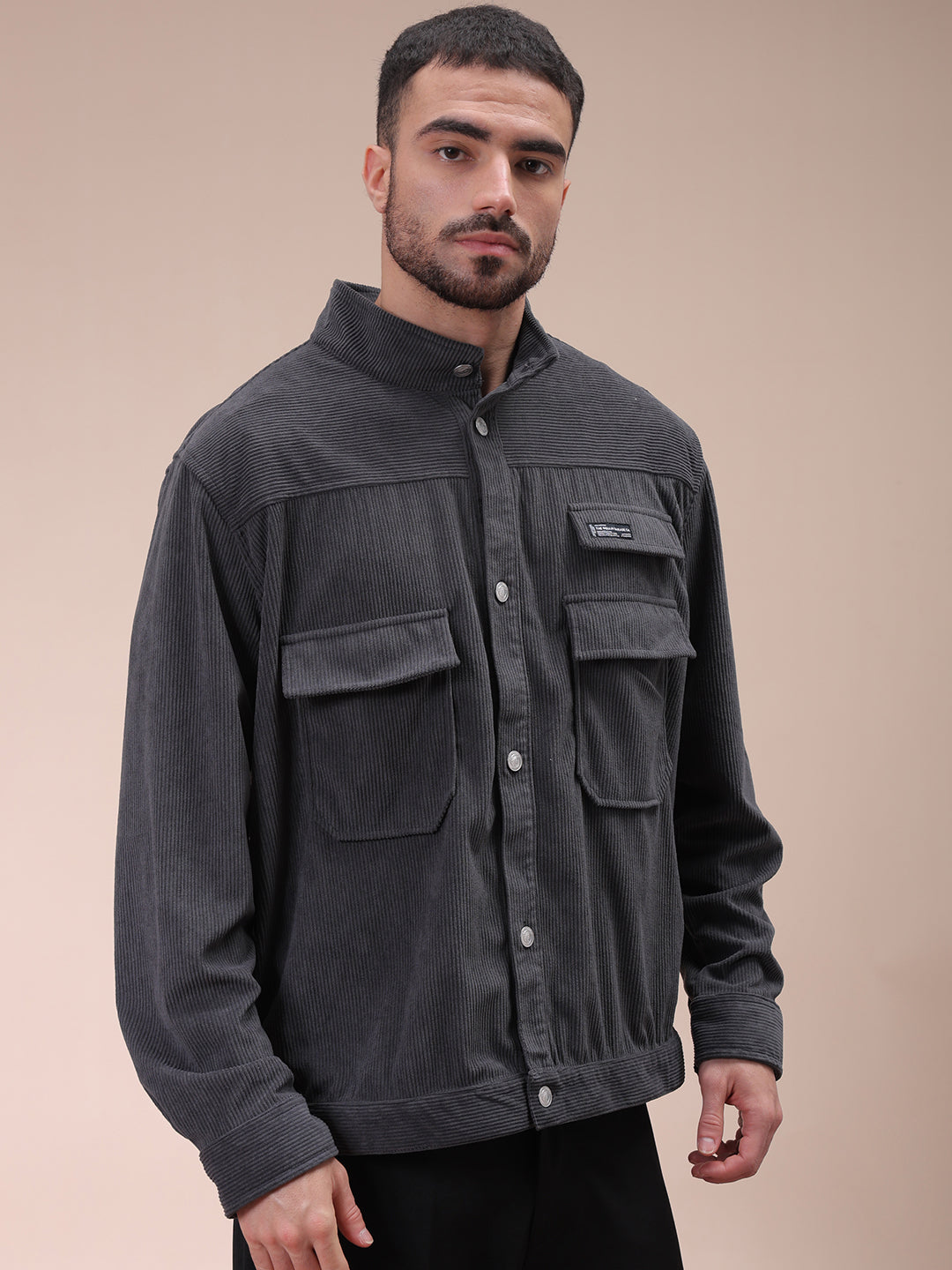 Men's Grey Relaxed Fit Knitted Corduroy Utility Jacket