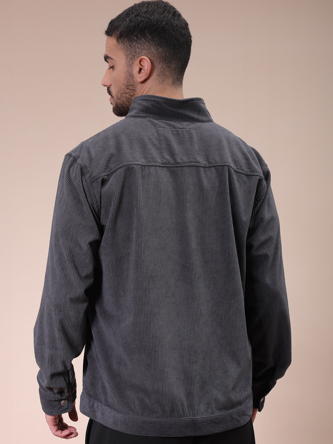 Men's Grey Relaxed Fit Knitted Corduroy Utility Jacket