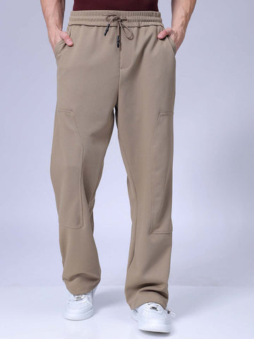 Men's Beige Loose Wide Leg Solid Mid-Rise Elasticated Utility Cargo Joggers