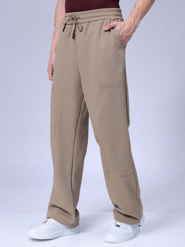 Men's Beige Loose Wide Leg Solid Mid-Rise Elasticated Utility Cargo Joggers