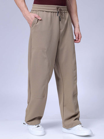 Men's Beige Loose Wide Leg Solid Mid-Rise Elasticated Utility Cargo Joggers