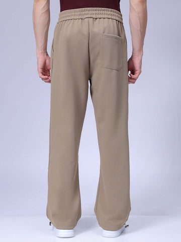 Men's Beige Loose Wide Leg Solid Mid-Rise Elasticated Utility Cargo Joggers