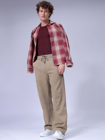 Men's Beige Loose Wide Leg Solid Mid-Rise Elasticated Utility Cargo Joggers