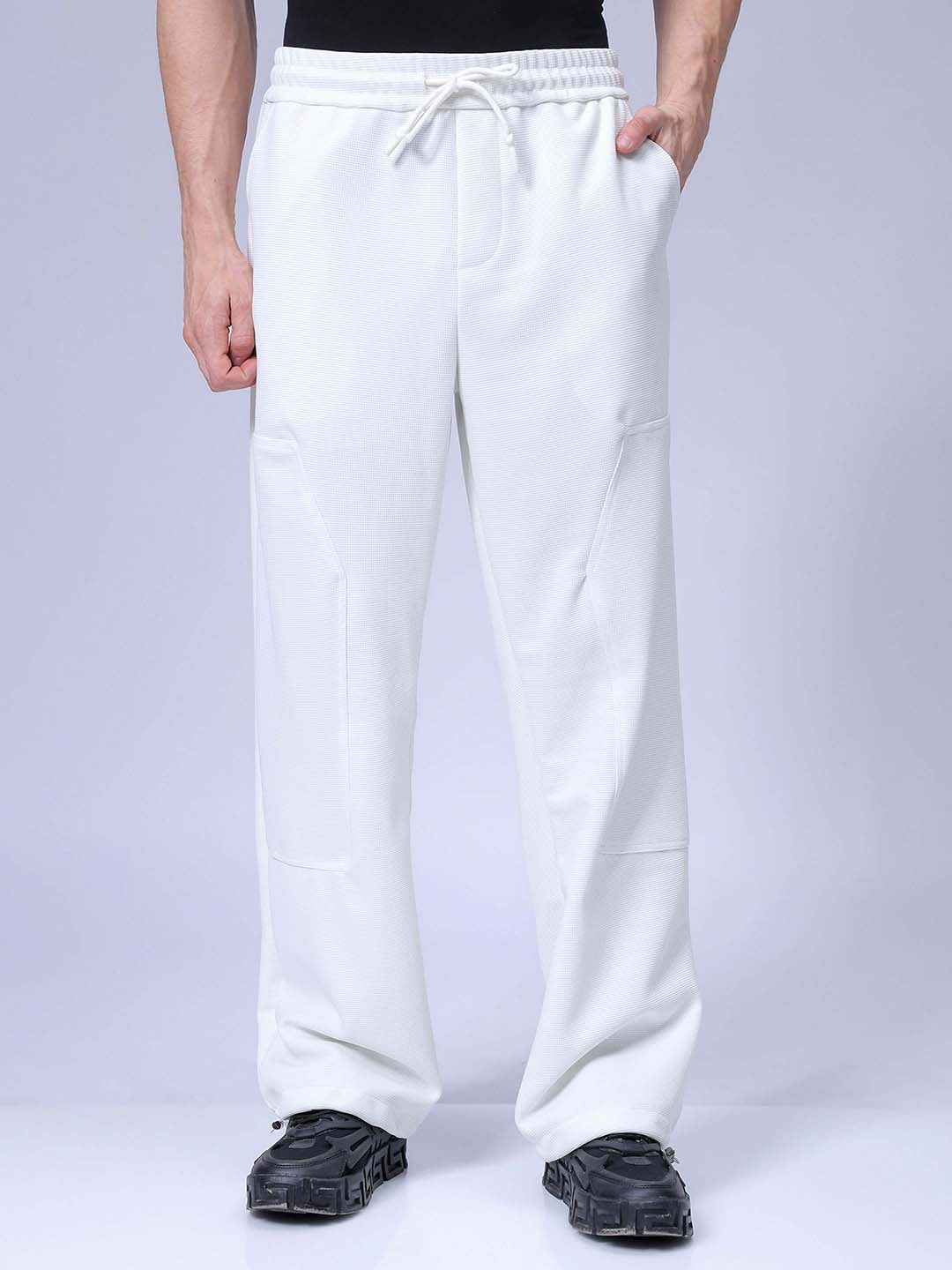 Men's White Loose Wide Leg Solid Mid-Rise Elasticated Utility Cargo Joggers