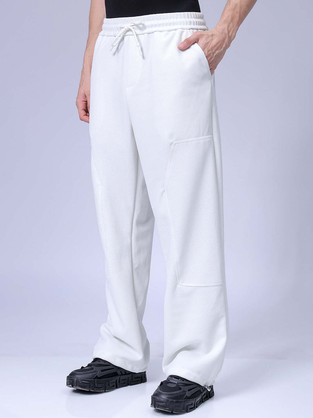 Men's White Loose Wide Leg Solid Mid-Rise Elasticated Utility Cargo Joggers
