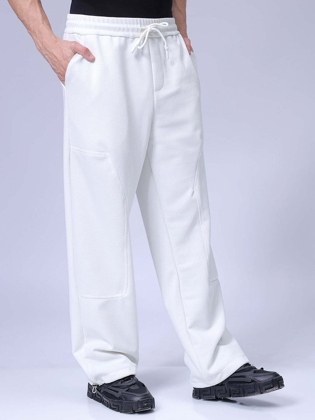 Men's White Loose Wide Leg Solid Mid-Rise Elasticated Utility Cargo Joggers