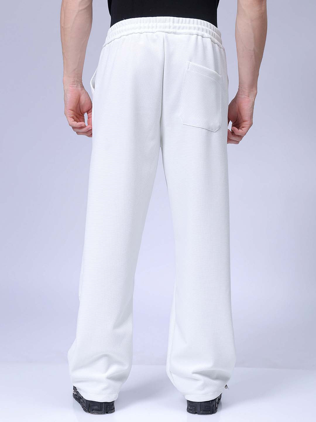 Men's White Loose Wide Leg Solid Mid-Rise Elasticated Utility Cargo Joggers